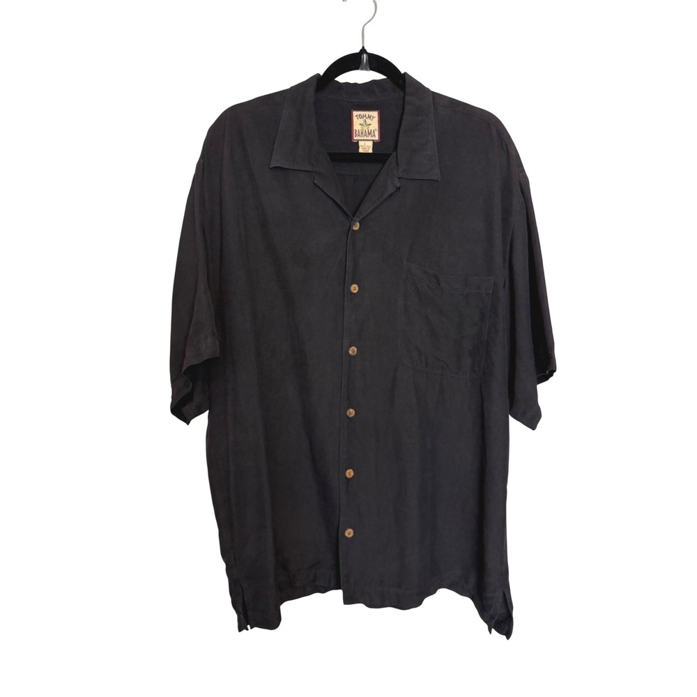 Tommy Bahama Mens Large Black 100% Silk Short Sleeve Camp Shirt Button Down